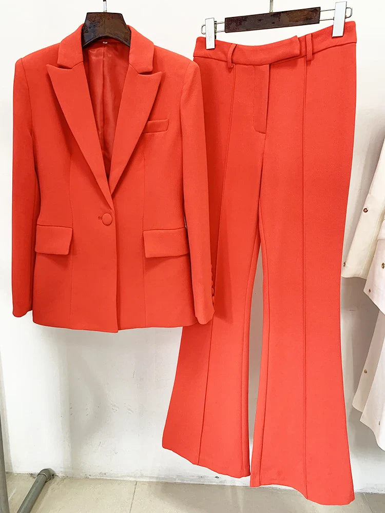 HIGH STREET Newest Spring Designer Career Fashion Suit Set Women's Single Button Slim Fit Blazer Flare Pants Suit Two Pcs