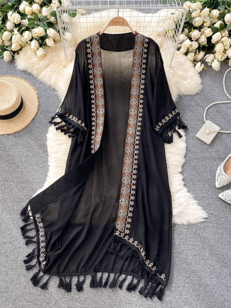 Summer Pareo Beach Kimono Bohemian Cover Up Long Fashion Embroidery Poncho Cardigan Tassel Chiffon Shirt Black One Size