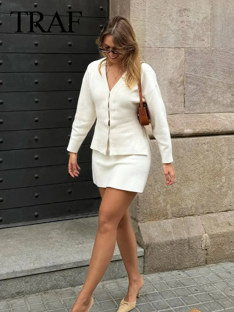 TRAF Spring Women's Suits Solid Grey V-Neck Long Sleeves Cardigan Coat +High Waist Knitted Mini Skirts Female 2 Pieces Sets