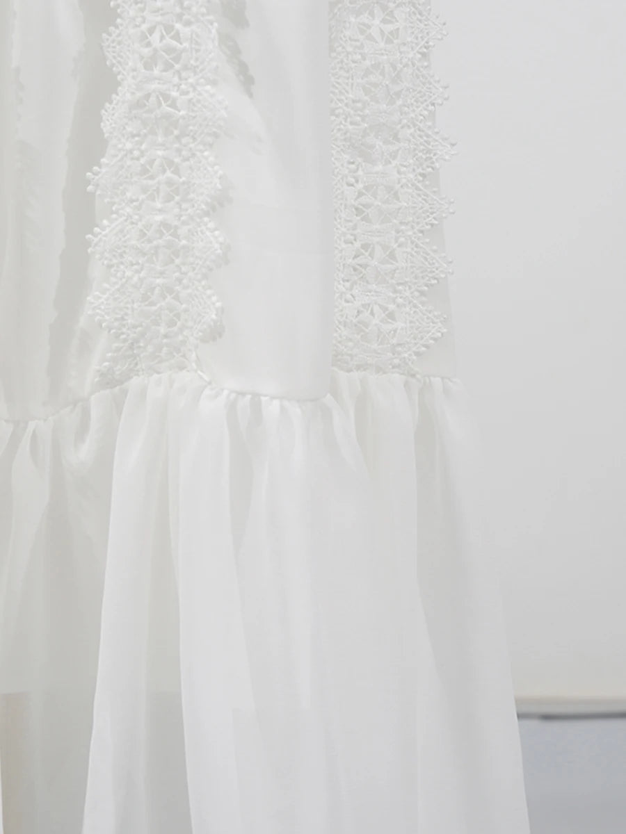 White Spliced Lace Minimalist Dresses for Women V Neck Sleeveless Temperamnet Long Dress Female Fashion Clothes New