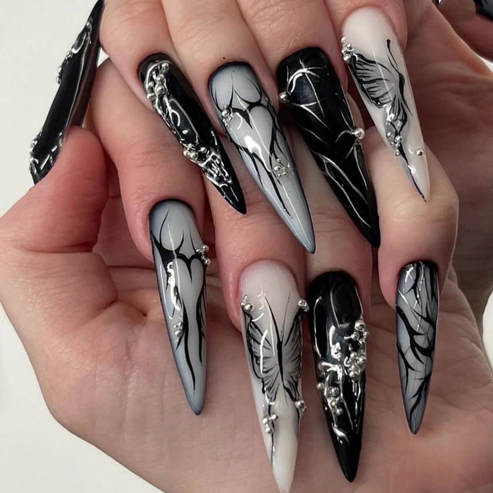 24pcs Long Coffin Gothic Press on Nails Sliver Star Flame Crocodile Print False Nail Wearable European Spicy Girl Fake Nails 2