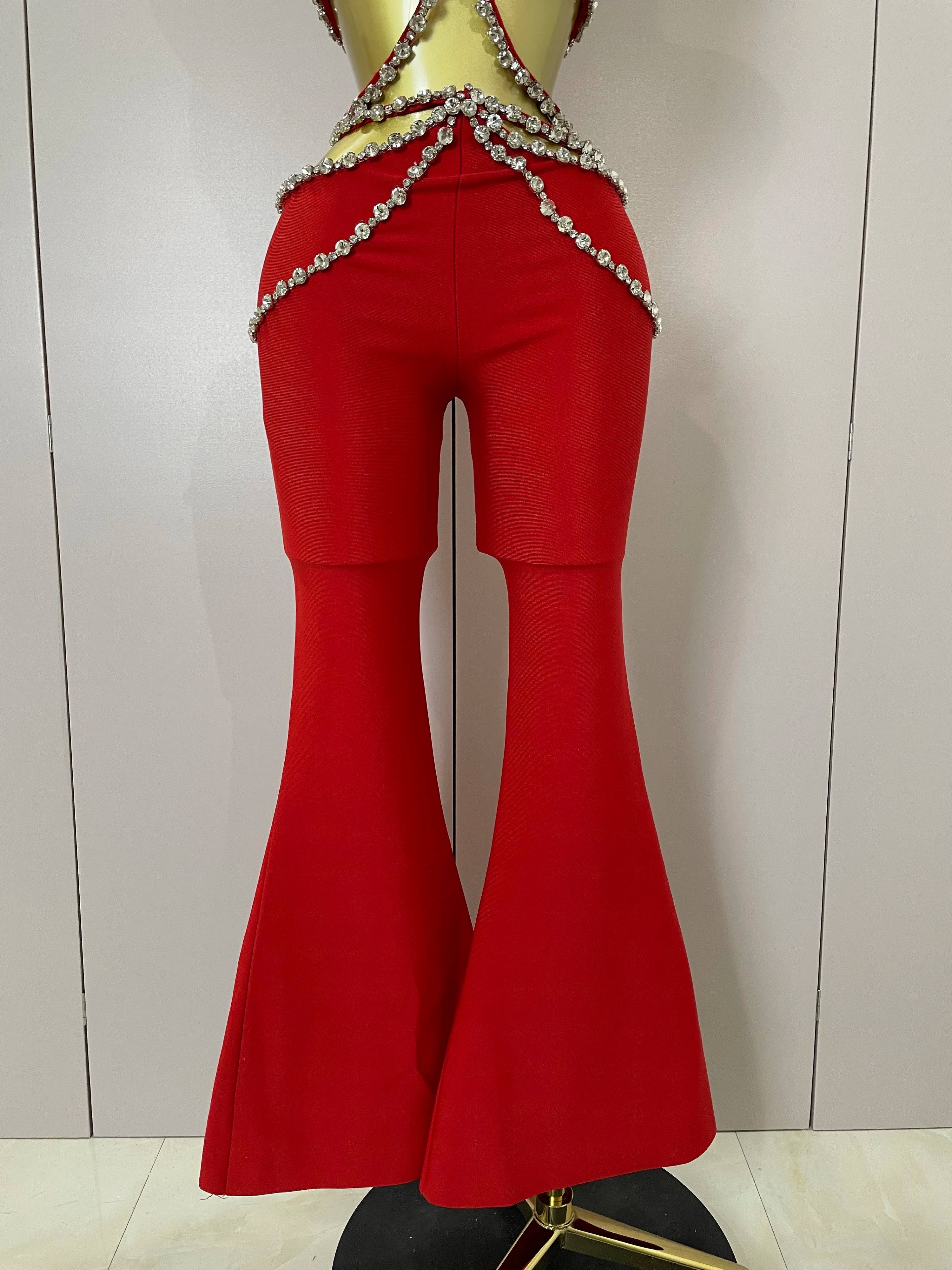 Luxury Rhinestone Red Sexy Cut Out Two Piece Pants Bandage Set 2025 Women Celebrity Designer Fashion Women's Set Stage Outfit