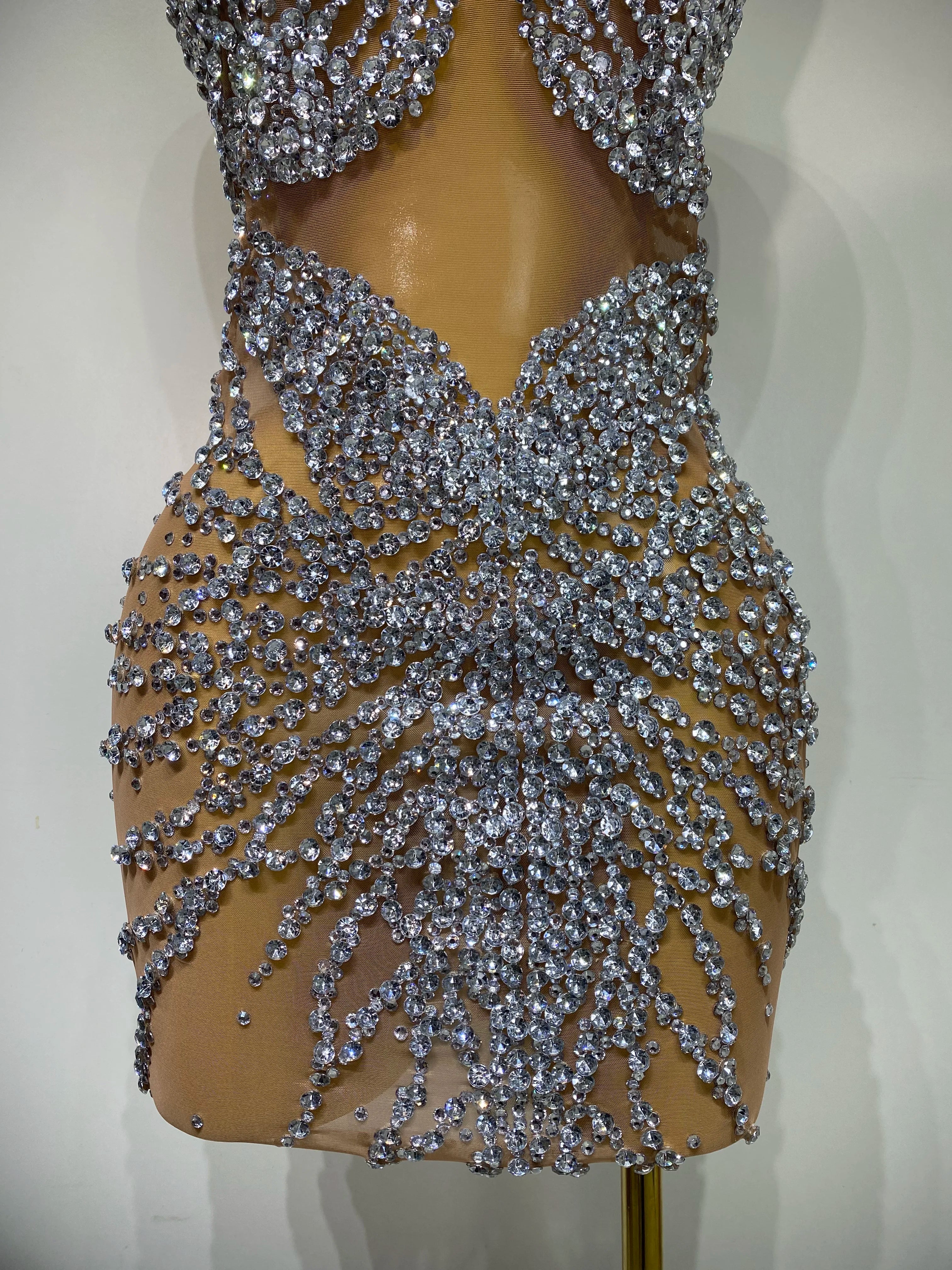 Luxury Rhinestones Mesh Transparent Prom Mini Dress Shinny Women Birthday Celebrate Party Prom Nightclub Outfit Stage Costume