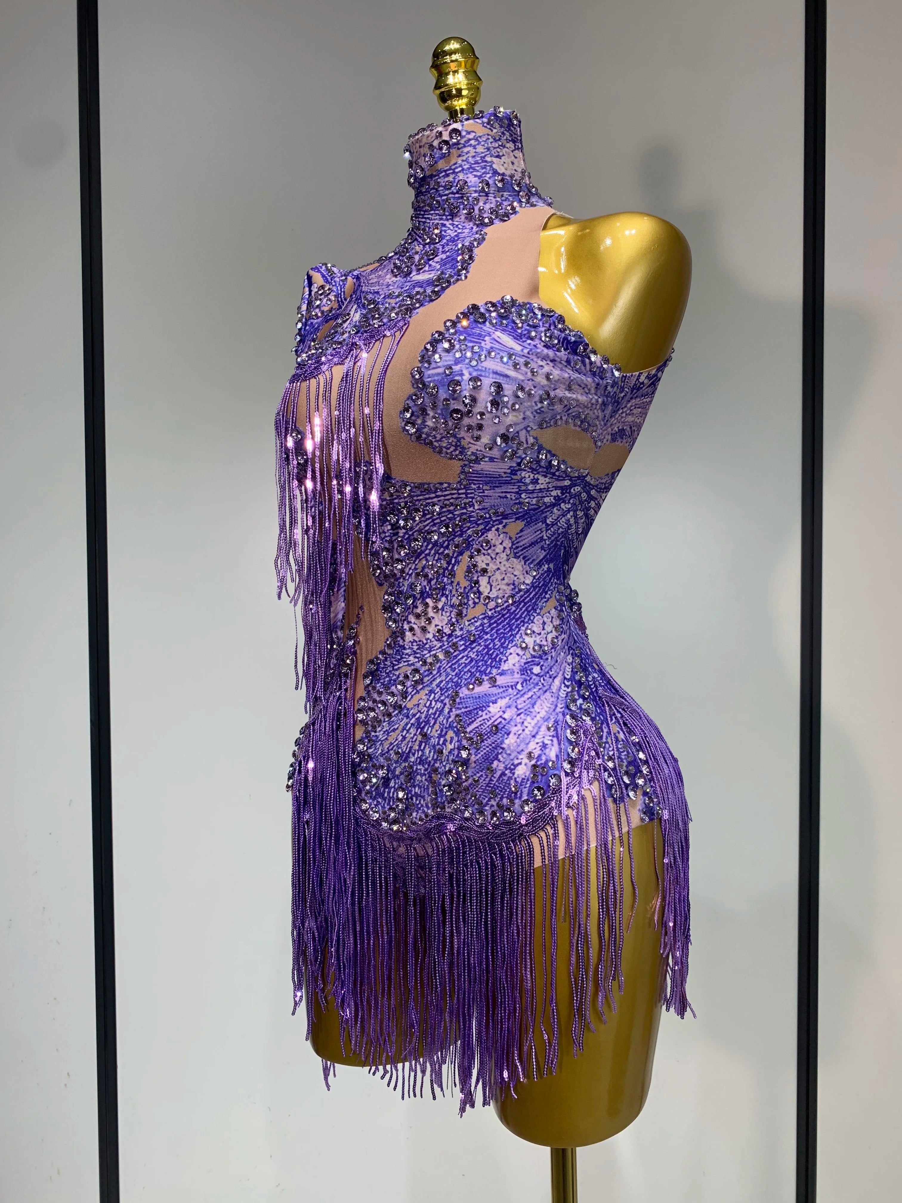Sexy Sparkly Purple Rhinestones Tassel One Shoulder Sleeve Mini Dress Evening Party Birthday Nightclub Stage Performance Outfit
