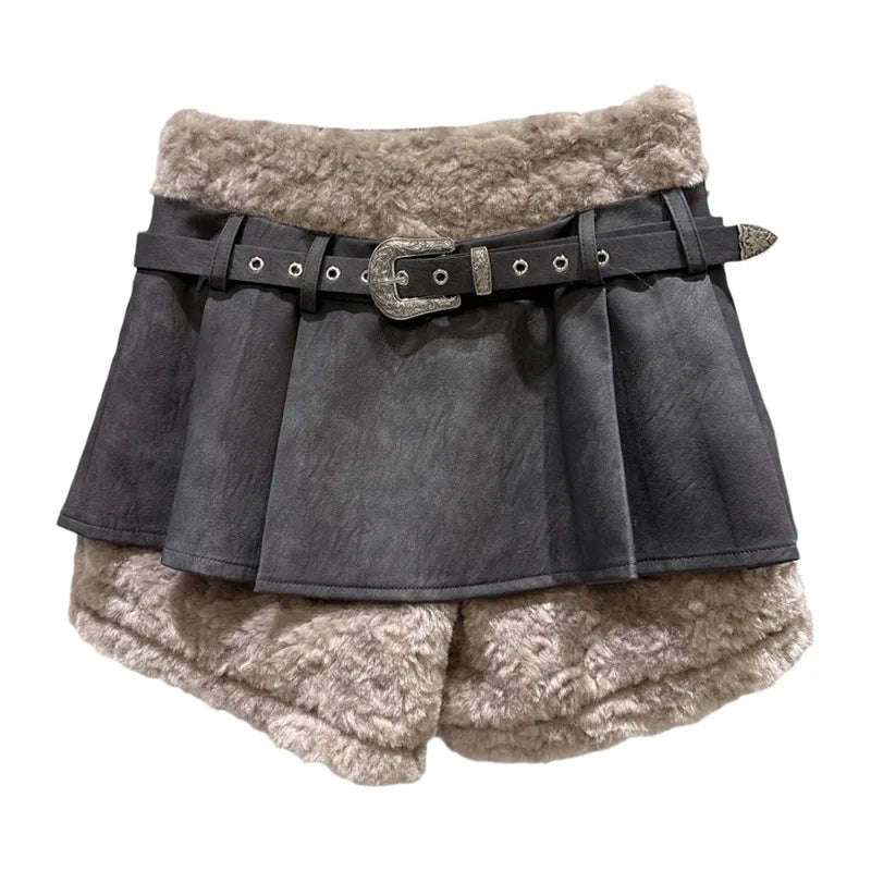 Winter New Fashion Metal Belt Suede Hem Fleece Fluffy Shorts Skirt For Women Versatile Sweet Mini Skirts 11A07958