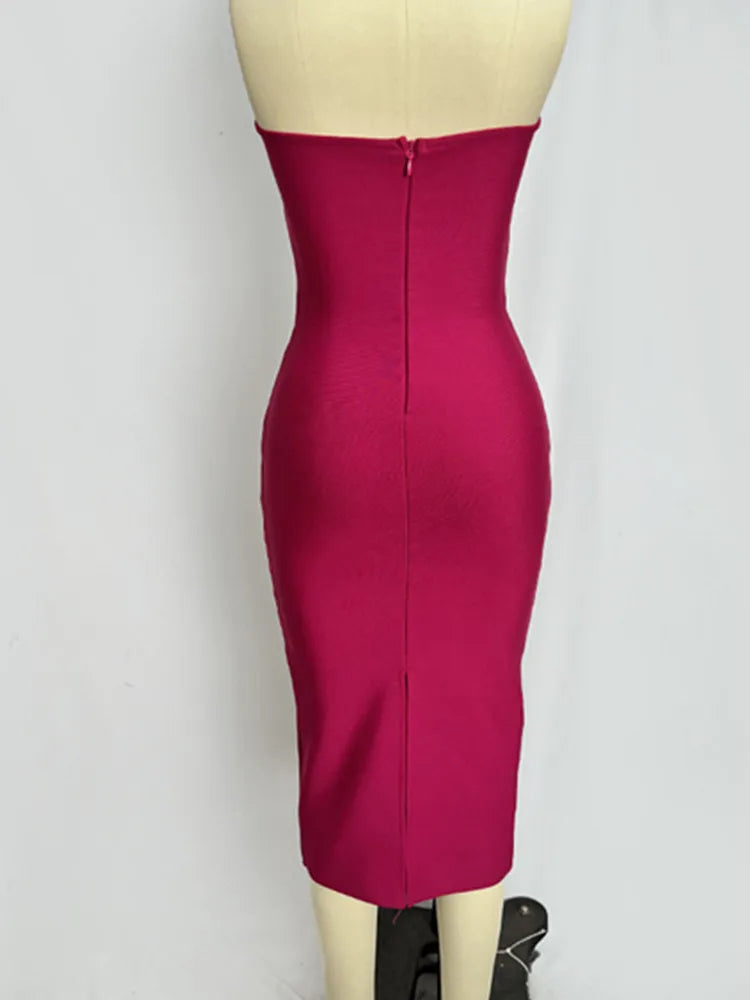 Women Summer Sexy Strapless Backless Hot Pink Black Sequined Midi Bandage Dress 2023 Knitted Elegant Evening Club Party Dress