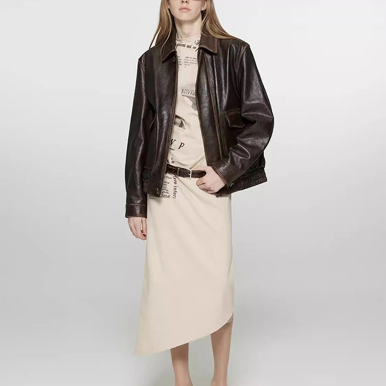 Lautaro Spring Autumn Short Distressed Brown Pu Leather Jacket Women Zipper Pockets Luxury Designer American Retro Clothes 2025