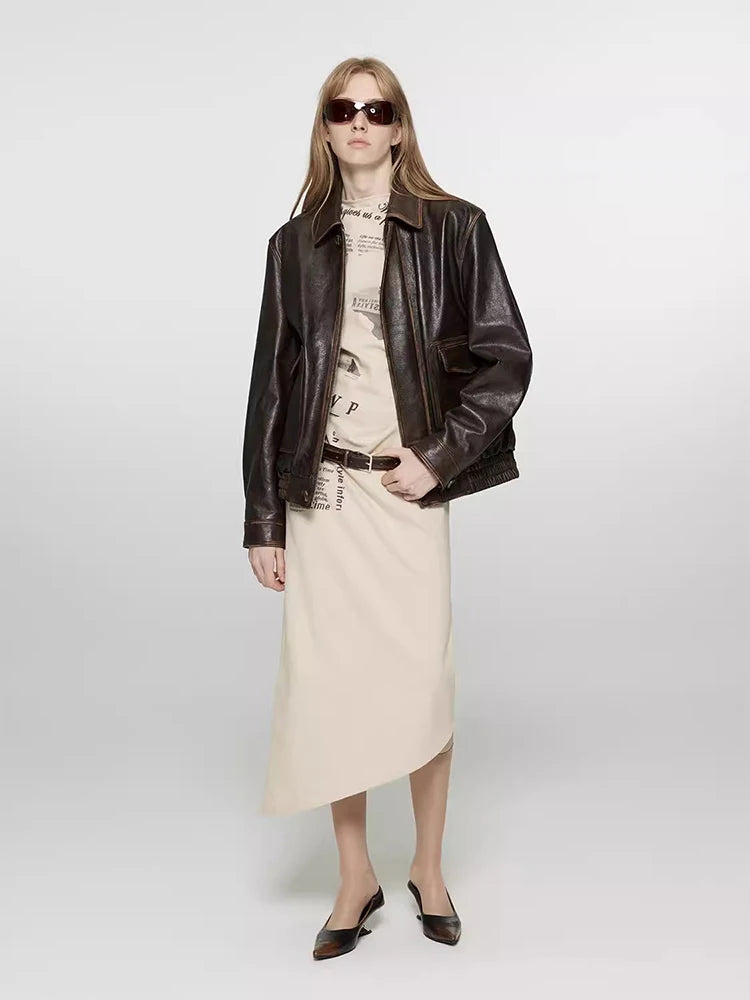 Lautaro Spring Autumn Short Distressed Brown Pu Leather Jacket Women Zipper Pockets Luxury Designer American Retro Clothes 2025