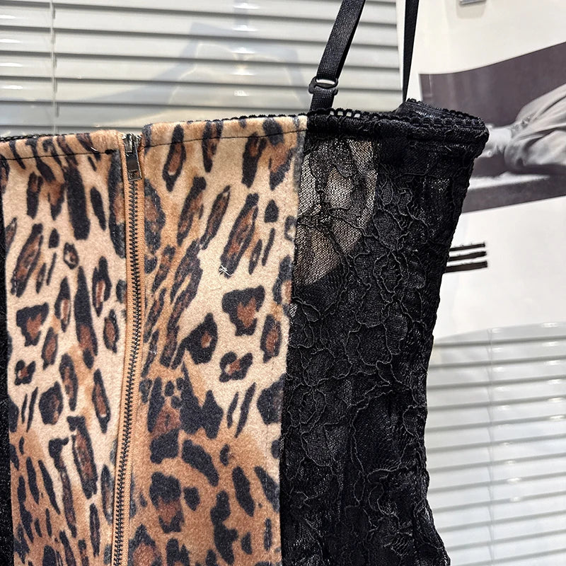 Winter New Fashion Yellow Leopard Print Patchwork Lace Fishbone Waist-Cinching Camisole For Women Tank Tops 11A07584