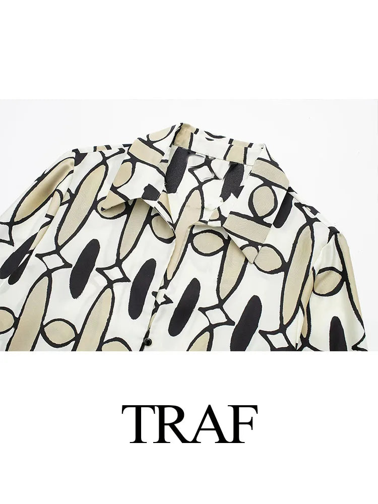 TRAF Women 2 Pieces Set Casual High Waist Pockets Elastic Waist Wide Leg Pant+Chic Printed Lapel Long Sleeve Shirt Blouse