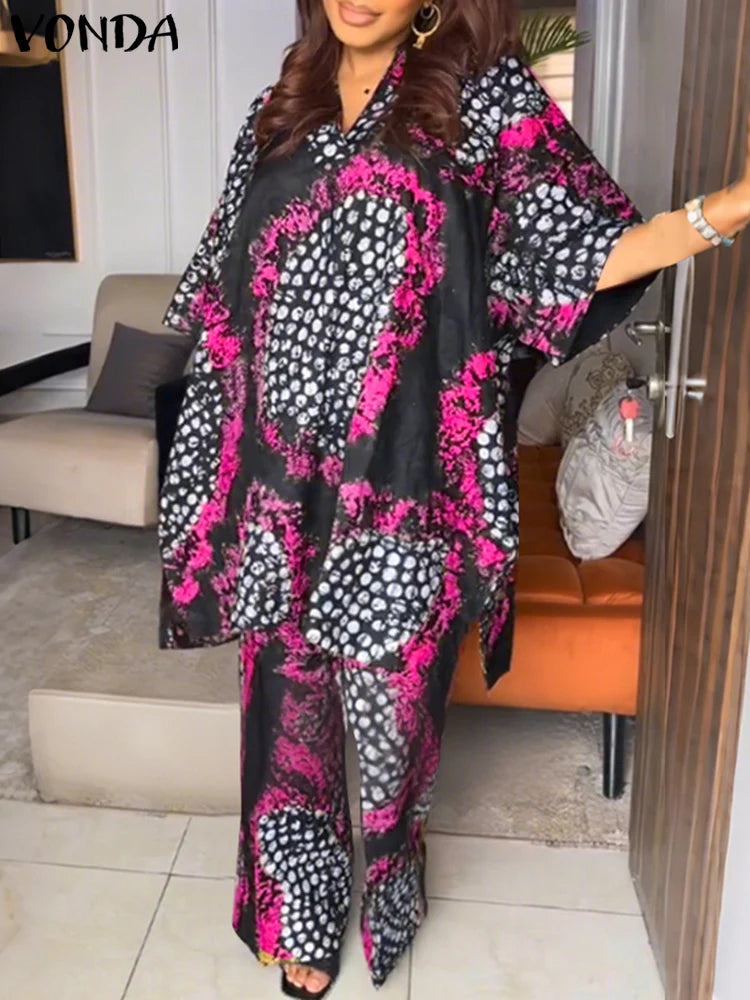 Plus Size 5XL VONDA Women Vintage Pant Sets Print Long Top and Wide Leg Pants Casual Loose 2pcs Two-piece Summer Bohemian Outfit