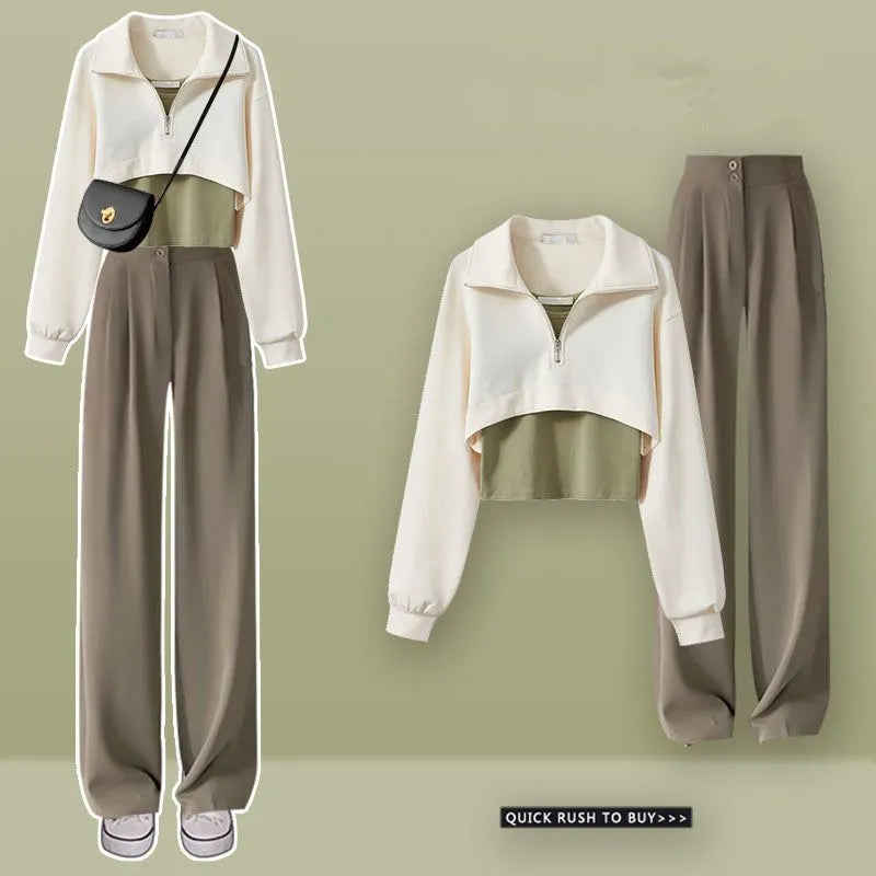 Women Spring Autumn Fashion Zipper Sweatshirt Vest Wide Leg Pants 1 or 3 Piece Set Lady Casual Tops Trousers Outfits 2024 Suits SetD