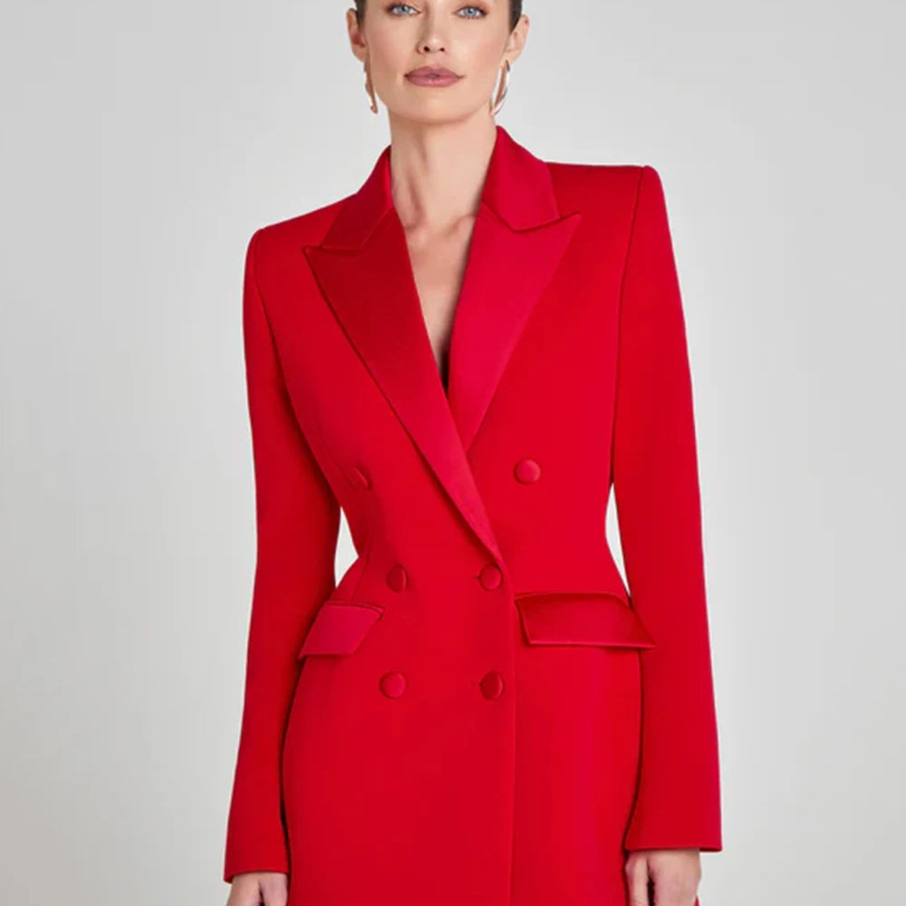 Modphy Women Fashion Double Breasted Red Blazer Coat Notched Neck Long Sleeves Female Outerwear Chic Lady Outfits