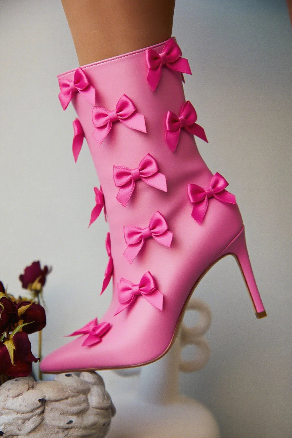 White Satin Butterfly-Knot Boots Pointed Toe Mid Calf Botas Stiletto Shoes Gentle Concise Autumn Winter 2025 Women Dress Zapatos