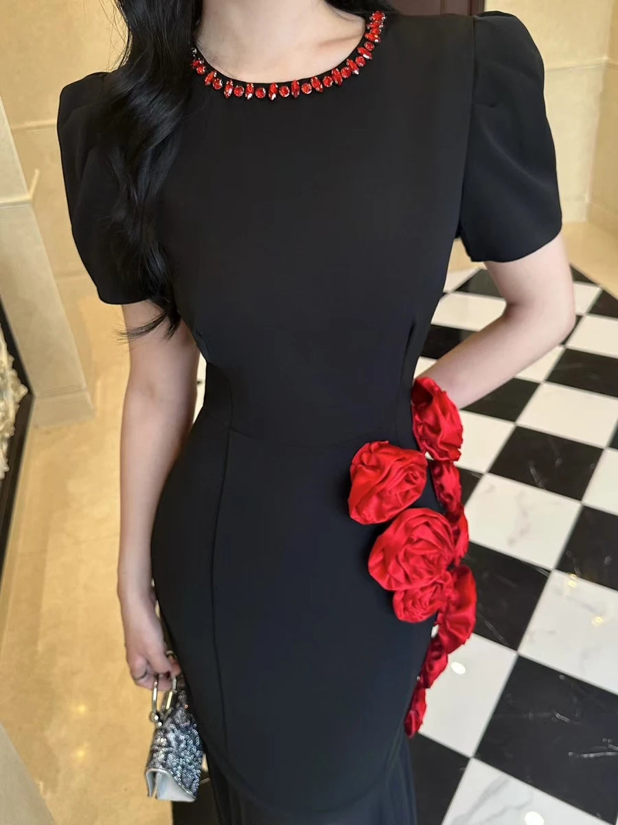 Hit Color Slimming Spliced 3D Flower Elegant Dresses for Women Round Neck Short Sleeves Dress Femlae Clothing New