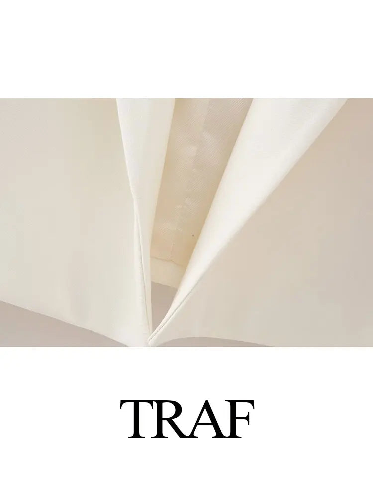 TRAF Spring Women's Solid Beige Blazer Suit Long Sleeves Cropped Blazer+High Waist With Belt A-Line Culottes Elegant Sets