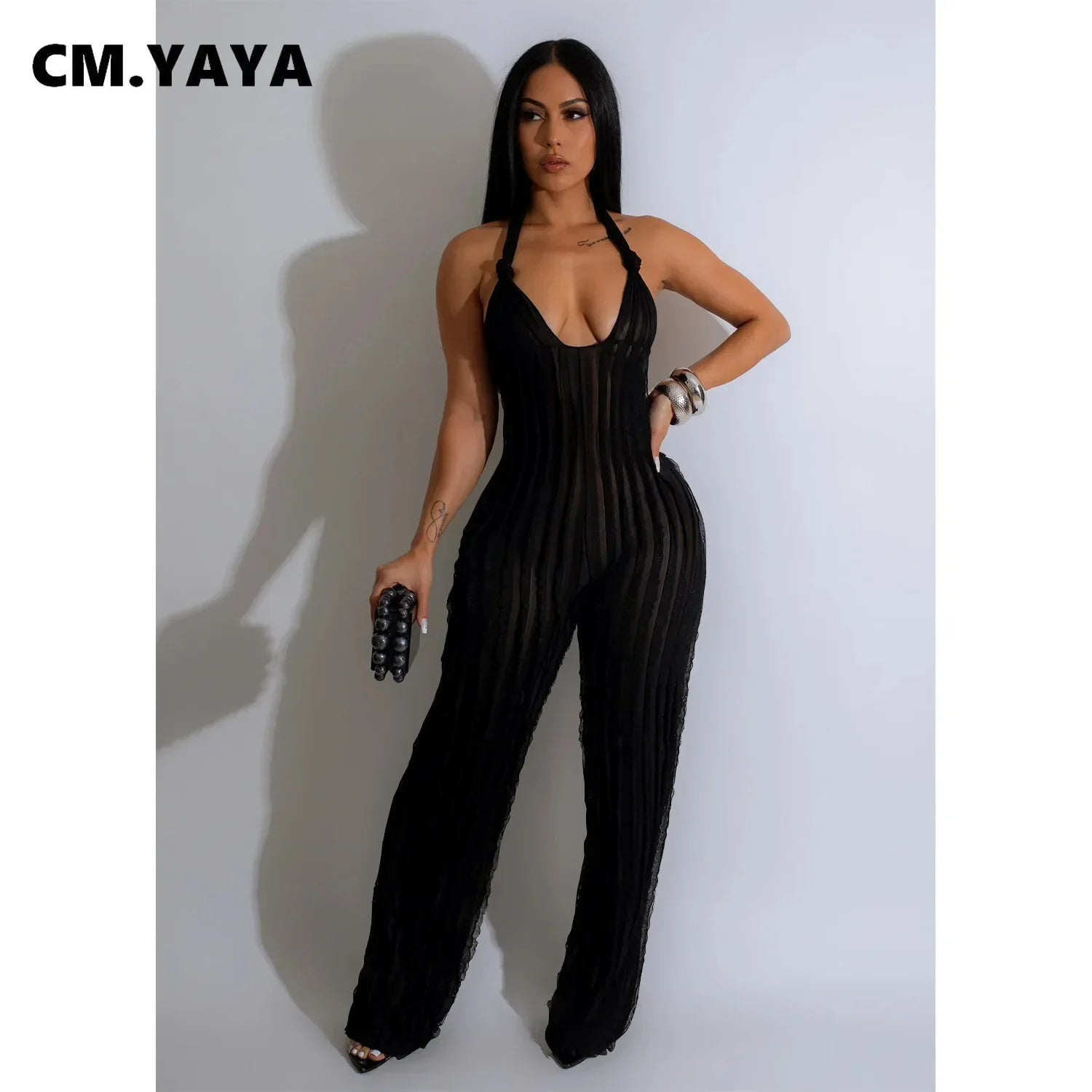 CM.YAYA Fashion Ruffles Women Halter Deep V-neck Backless Wide Leg Jumpsuit 2023 Sleeveless Chic Playsuit One Piece Suit Romper