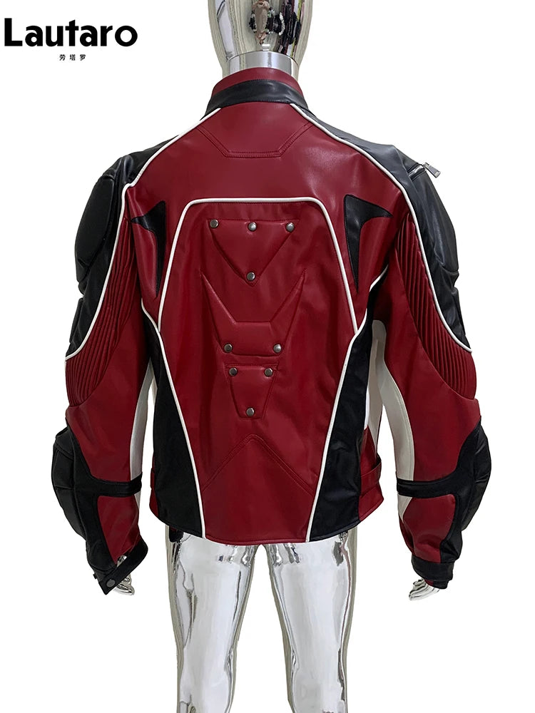 Mauroicardi Autumn Winter Cool Short Patchwork Pu Leather Racer Jacket Men Shoulder Pads Rivet Runway European Fashion Clothes