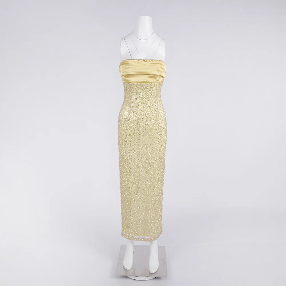 Solid Slimming Spliced Sequin Elegant Dresses for Women Strapless Sleeveless Patchwork Bead Dress Female Clothing GOLD