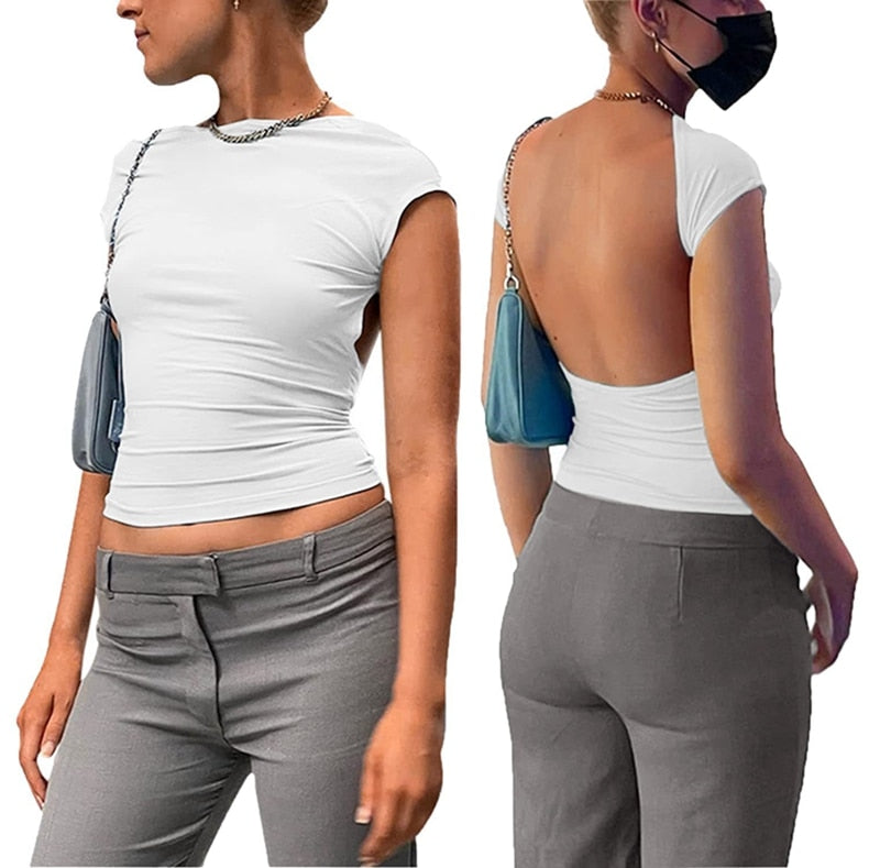 Y2K Sexy Backless Crop Top Women Casual 2023 Summer Short Sleeve O Neck T Shirts Streetwear Fit Slim Pullovers Base Tees T-Shirt