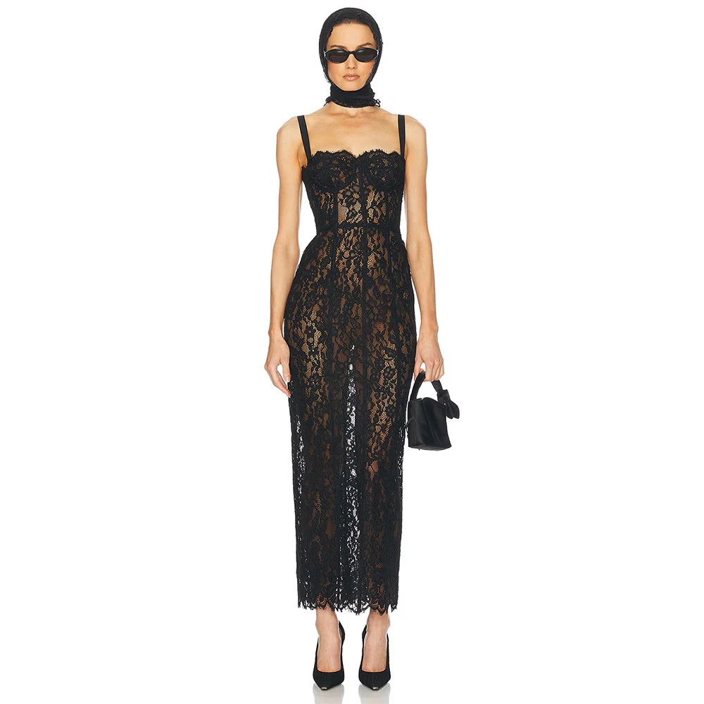 Elegant Lace Spaghetti Strap Long Dress Women Slim Sleeveless Sling Evening Party Gowns 2025 Summer New Female Fashion Robe black