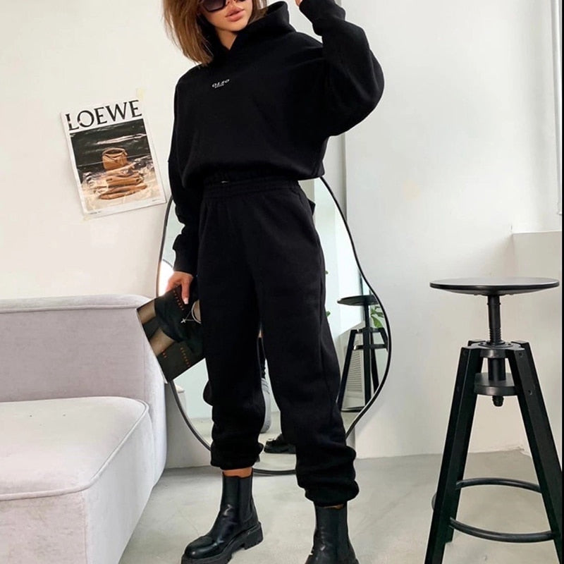 女性トラックスーツ秋冬暖かいパーカートップスーツカジュアルフード付きスウェットとジョギングパンツ衣装スウェットパンツ 2 個セット