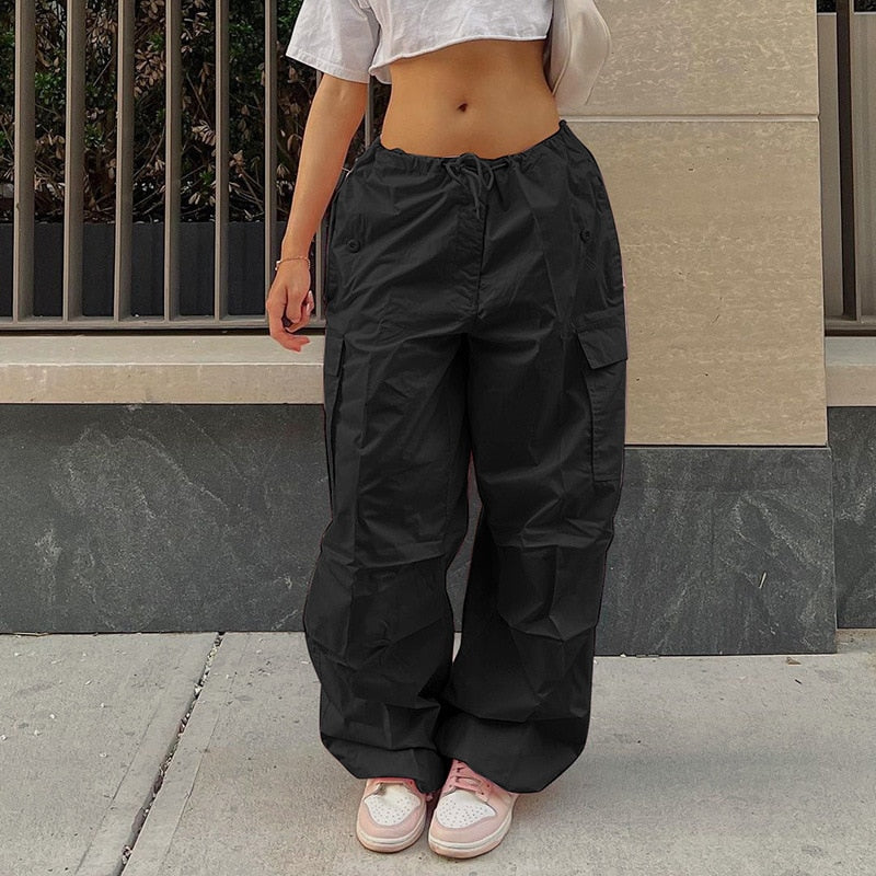 Y2K Clothing Oversized Plus Size Low Waist Parachute Loose Baggy Sweatpants Trousers Women Jogger Cargo Pants Streetwear Outfits black