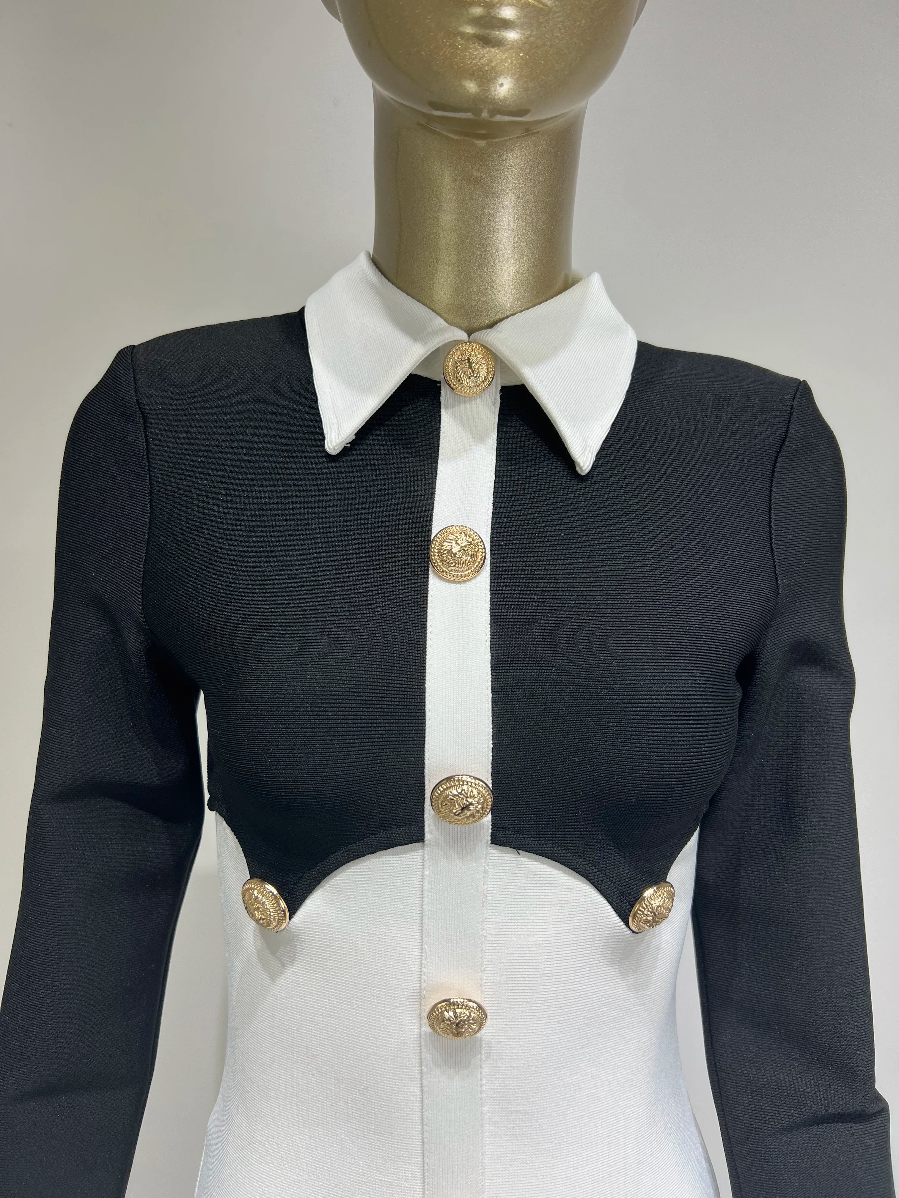 Women Celebrity Sexy Long Sleeve Patchwork Black White Button Mini Bodycon Bandage Dress Elegant Evening Club Party Dress