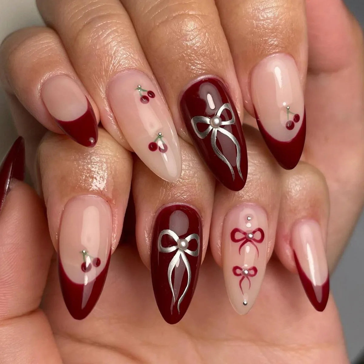 24Pcs 3D Bow French Press on Nails Set with Almond Design Long Stiletto Y2k Fake Nail Art Blue Wearable French False Nails Tips 3324