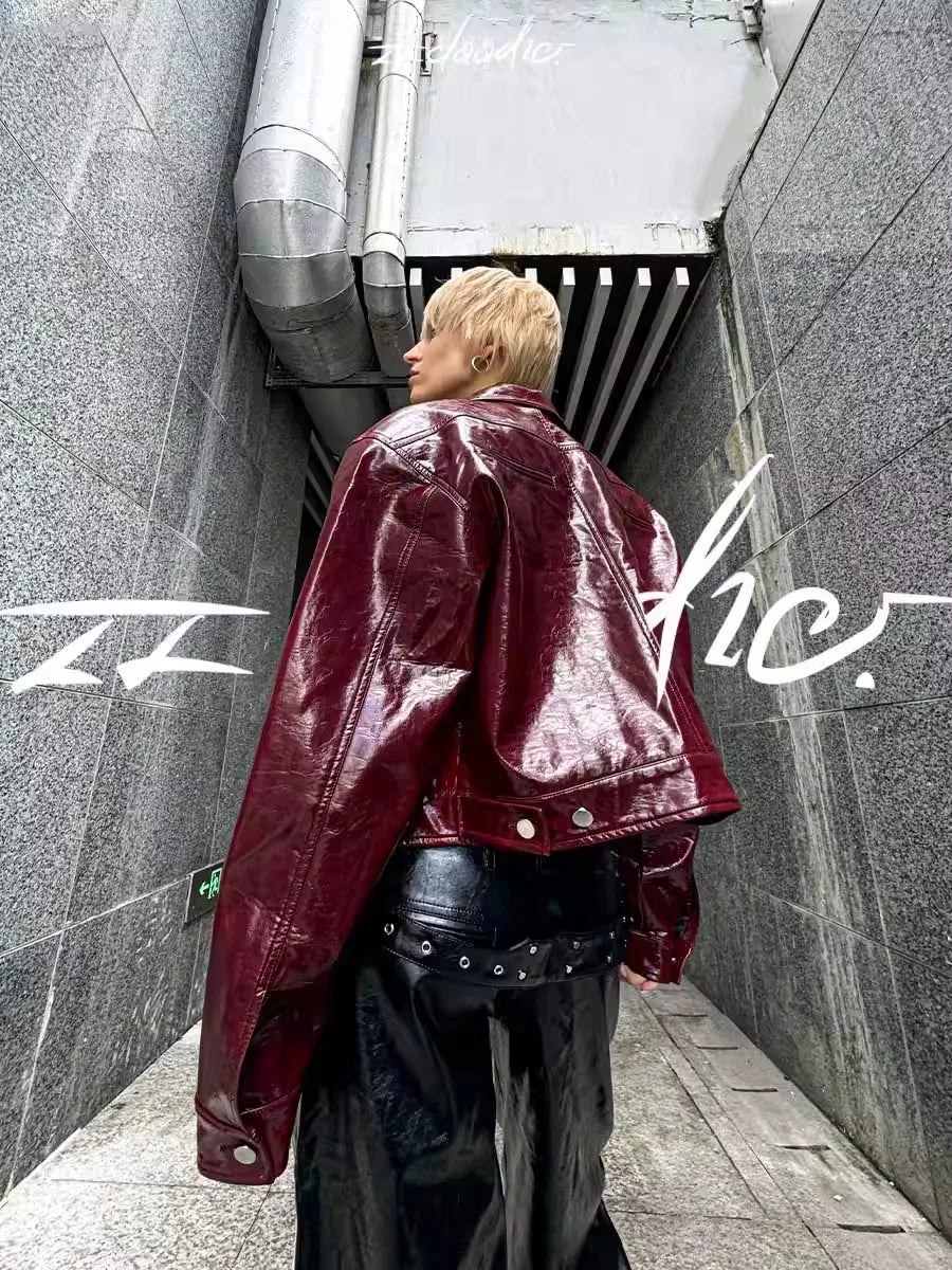 Lautaro Autumn Cool Short Oversized Pu Leather Jacket Women Shoulder Pads Zippper High Quality American Retro Punk Style Clothes burgundy