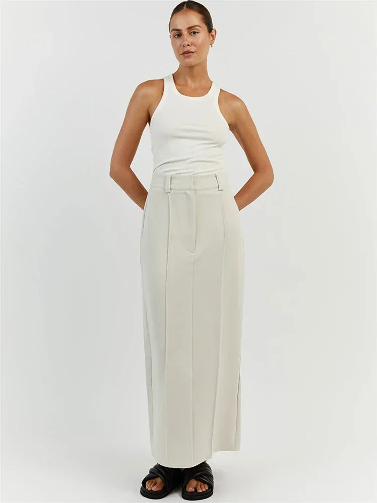 Patchwork High Waist Slim Long Skirt Female Solid High Street Elegant Fashion Seamless Vintage White Women's Maxi Skirt Khaki