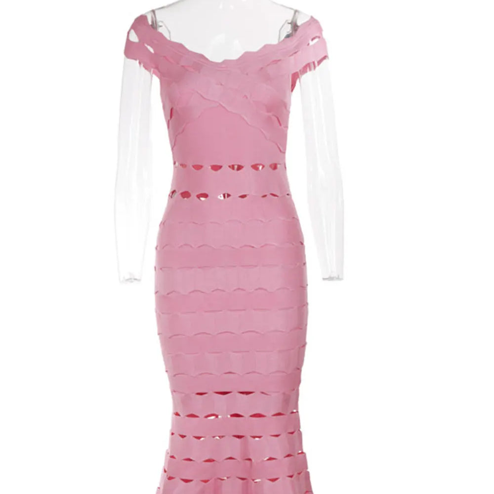 2025 Spring Sexy Women Hollow Cut Design Bandage Dress with One Collar Shoulders Bodycon Backless Midi Dress Club Party Vestidos Pink