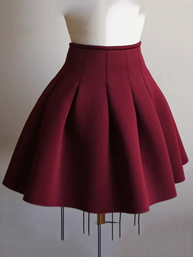 XFPV 2023 Autumn Winter New Arrivals Korean Solid Color Pleated Fluffy A-line Woolen High Waist Short Skirt Female SM956 Burgundy