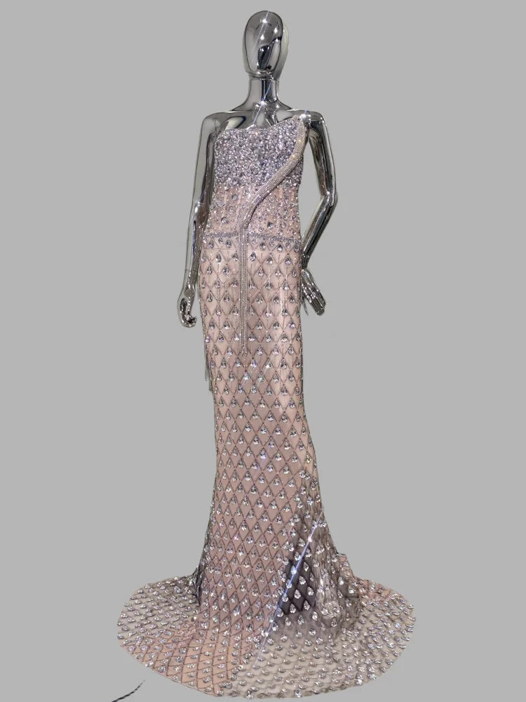 Super Shining Crystal Mesh See Through Floor Lenght Dress Woman Birthday Party Dress Stage Performances Costume