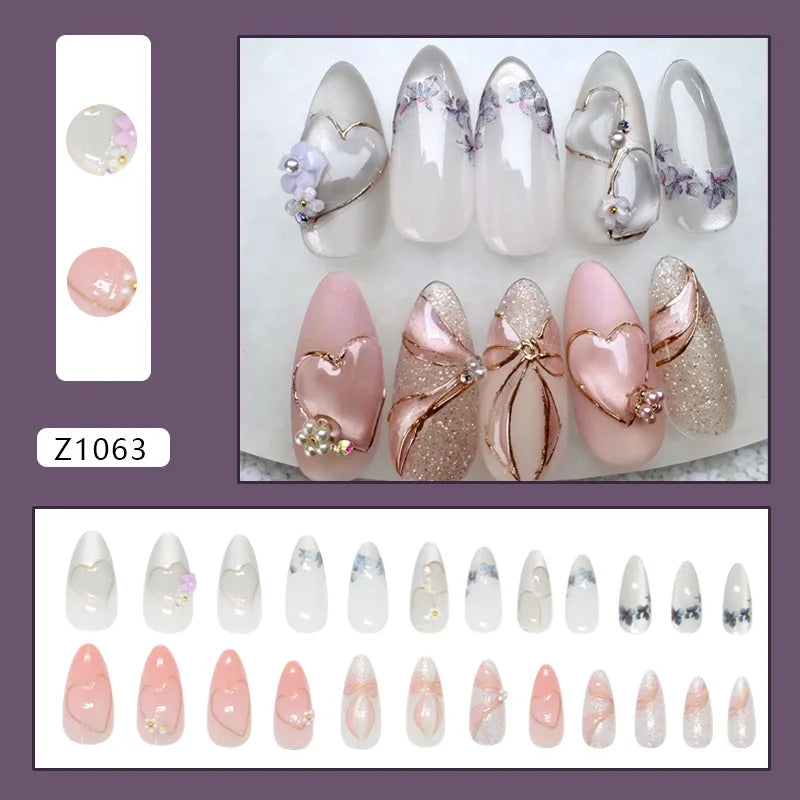 24pcs French Almond Press on Nails Retro Green Cat Eye Fake Nail Tips Detachable Wearable Sweet Cool Spice Girl False Nails 5