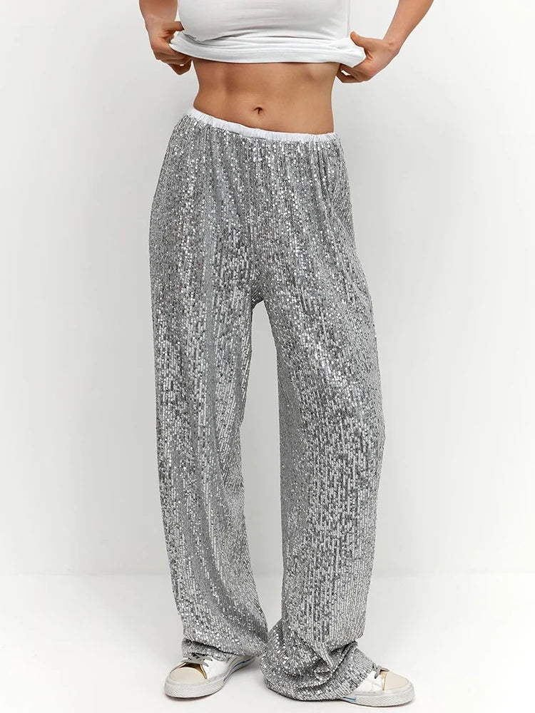 Women Pants Spring Autumn High Waist Straight Long Wide leg Sequins pants Female Casual Female Long Pants Trousers Silver
