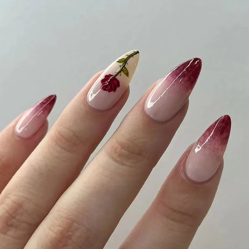 24pcs/set Meduim long fake nails for women peach flowers heart for Spring summer Square faux ongles press on false nail art tips 1545