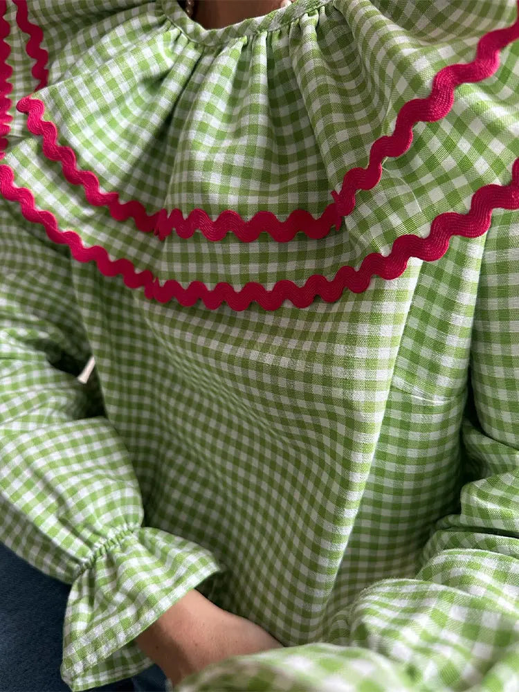 Spring Women Green Plaid Print Puff Sleeve T Shirt Elegant Casual Loose Ruffles O Neck Tops New Female Commute Streetwear