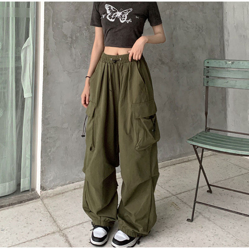 Summer Vintage Casual Cargo Pants Women Streetwear Pleated Drawstring Loose Wide Leg Straight Trousers Fashion Ladies Sweatpants Green