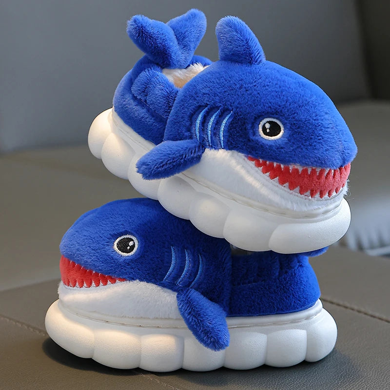 Winter Wrap Heels Cute Cartoon Shark Cotton Slippers Children's Non-slip Soft For Kids Girls Boys Baby Warm Plush Home Shoes
