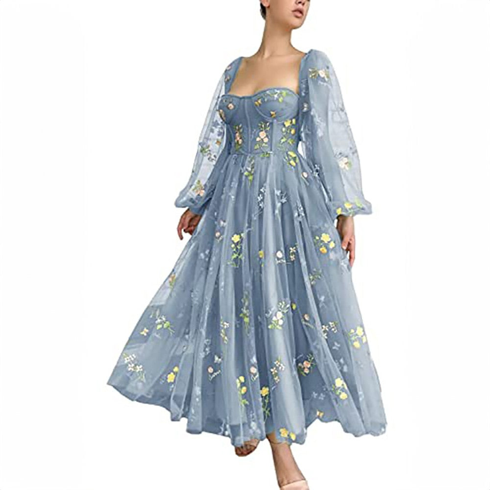 Robes de soirée élégantes, col carré, magnifiques manches bouffantes, robes de soirée à lacets