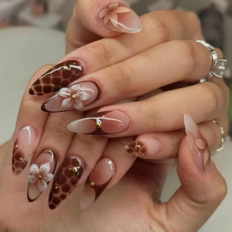 24pcs/set Medium fake nails for women girls 3D embossed flowers butterfly shell designs Summer almond tips press on false nail 2655