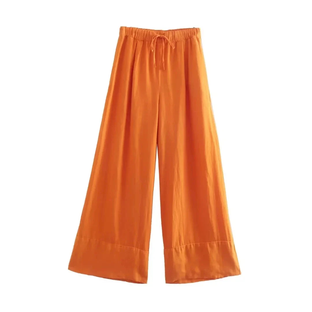 KONDALA Streetwear Khaki Linen Suits Women Sleeveless Halter Sexy Crop Tops Women+High Waist Wide Leg Pants Fashion Sets Orange Pants