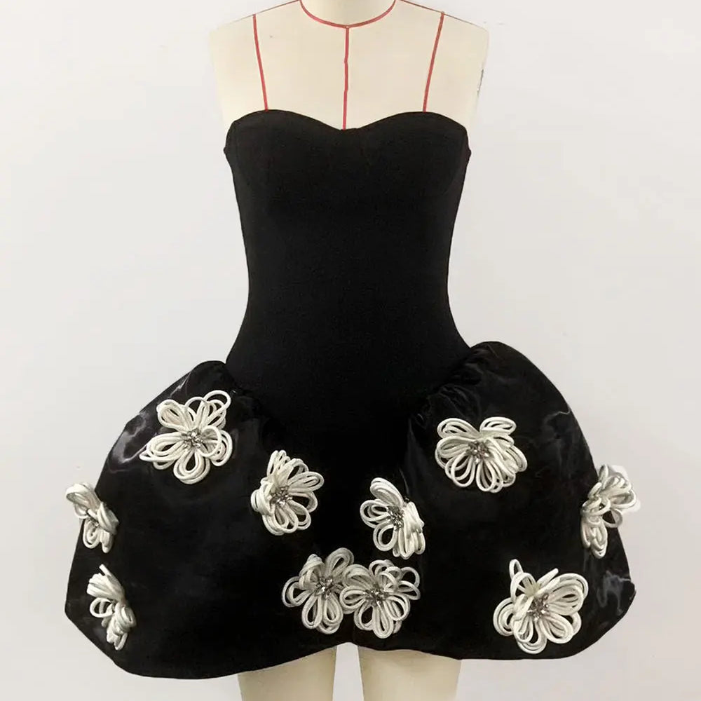 2024 Sexy Women's 3D Flower Decorative Puff Dress Strapless Sleeveless Backless A-line Mini Dress Cocktail Evening Party Vestido black