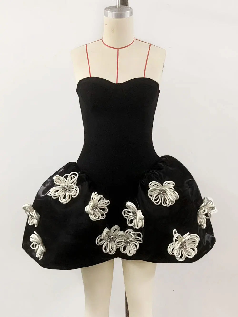 2024 Sexy Women's 3D Flower Decorative Puff Dress Strapless Sleeveless Backless A-line Mini Dress Cocktail Evening Party Vestido black