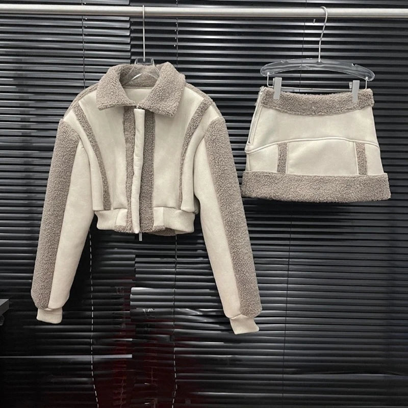 Autumn Winter New Fashion Fur-Lined Thickened Short Coat Patchwork Short Skirt Two-Piece Set For Women 11A07782 Light Gray