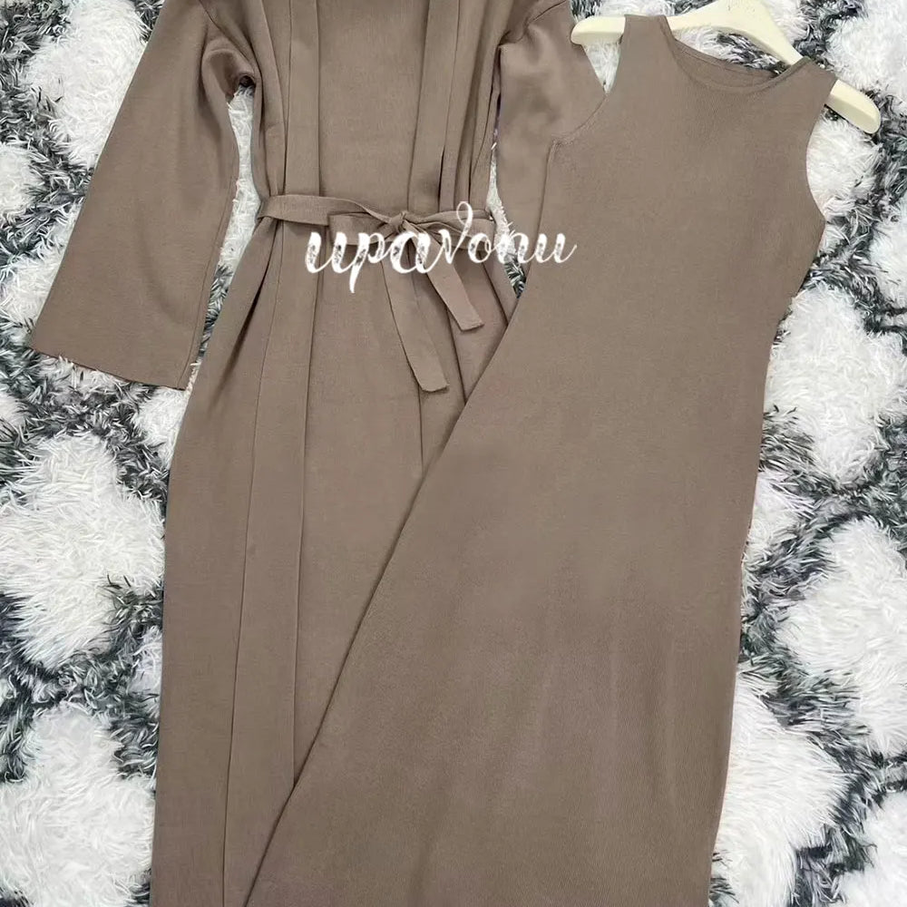 Women's Knitted Long Dress Sets with Polo Collar Long Sleeves Waistband Tie up Cardigan Long Coat+Sleeveless Dress Two Piece Set Deep card