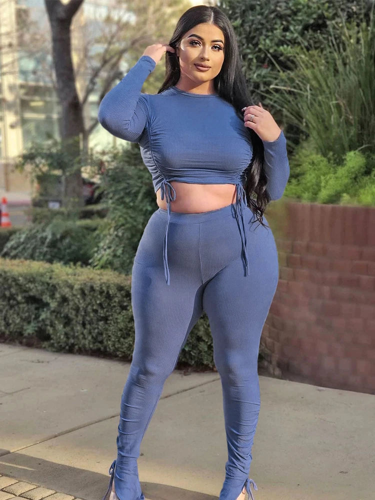 Sexy Plus Size Women Clothing Ribbed Long Sleeve Crop Top and Pants Sets Bodycon Ladies 2 Piece Outfits Wholesale Dropshipping PURPLE