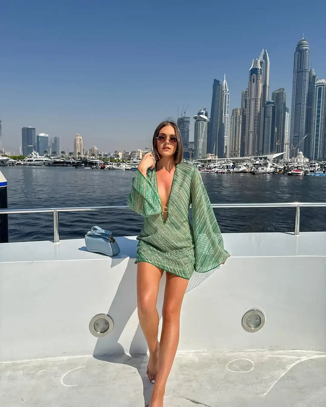 Summer Chic Shiny Striped Mini Dress Women Metal Ring Deep V-neck Flare Long Sleeve Robe New Female Evening Party Vestidos 2025 Green