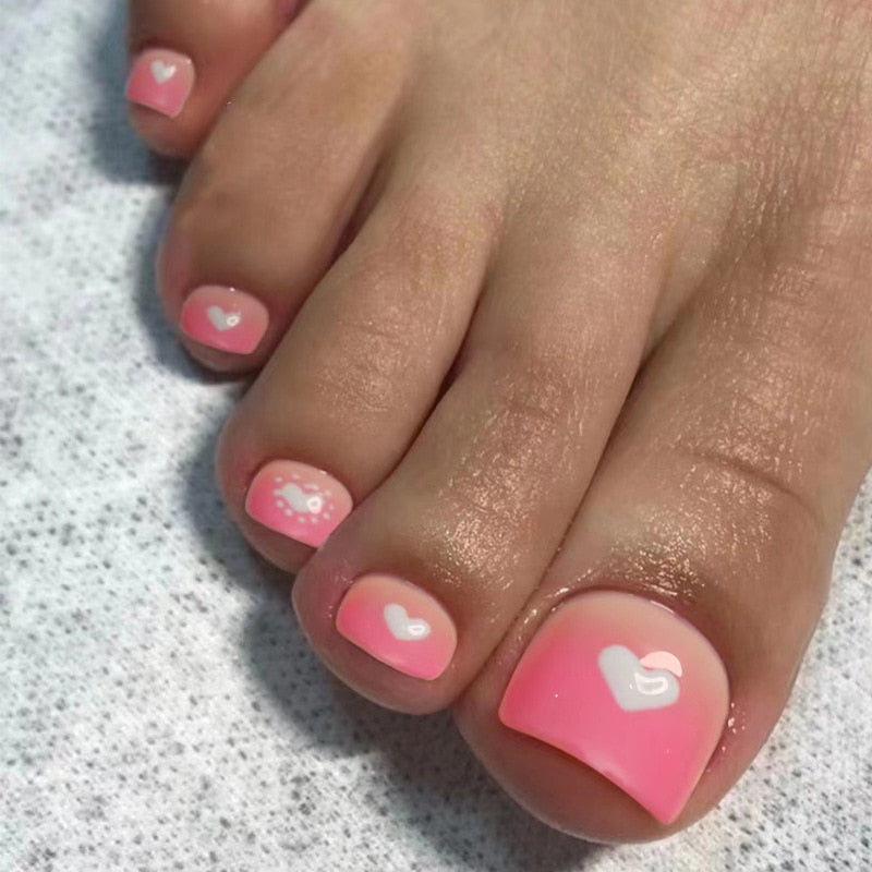 Toe Nails Set French Press on Foot Tips Fake Nail Tips with Designs Summer Reusable Artificial False Stick-on Nails Art 24pcs 2477